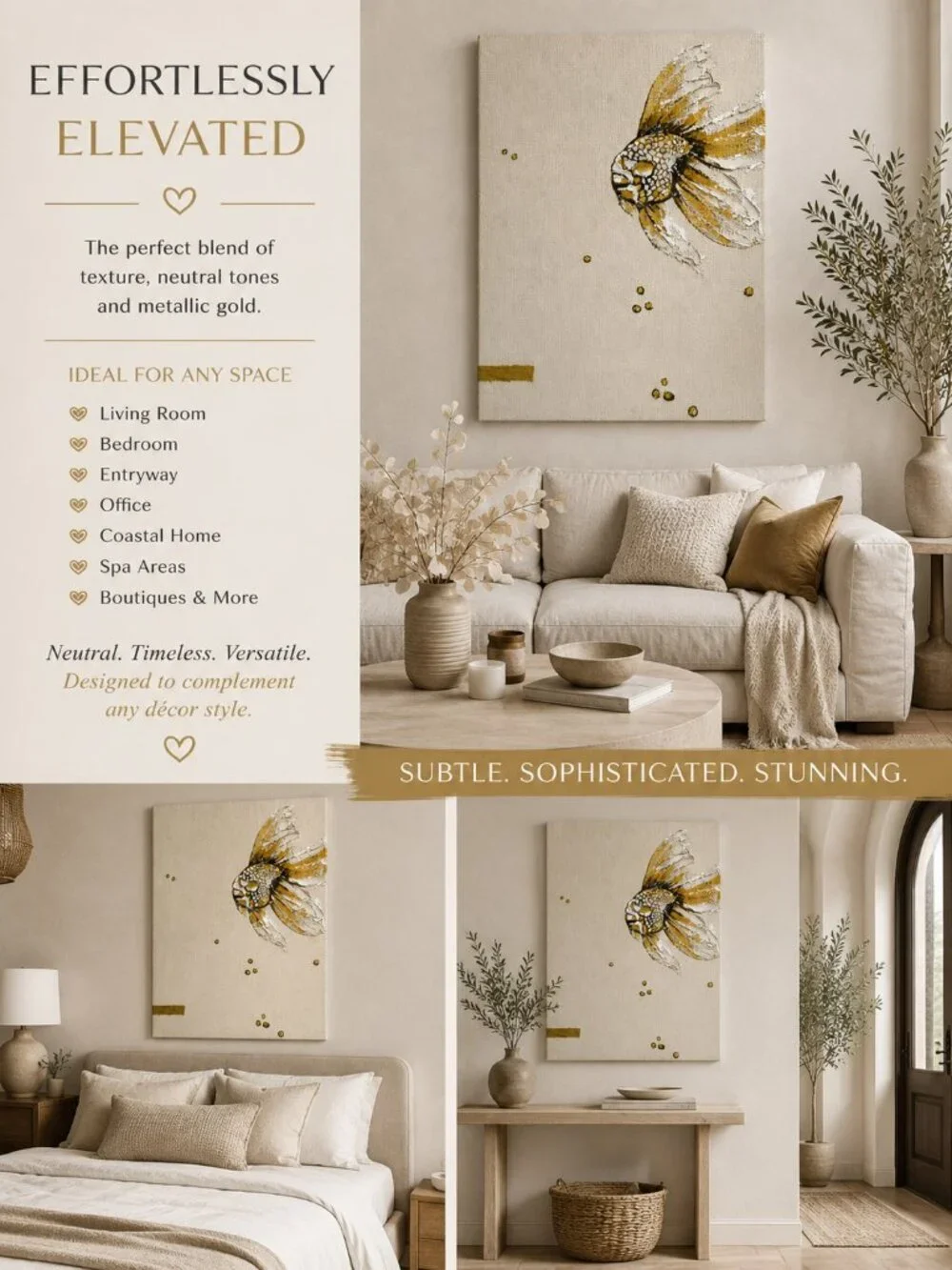 BrushEcho Gold Fish Textured Canvas Wall Art Cream Gold New in Box